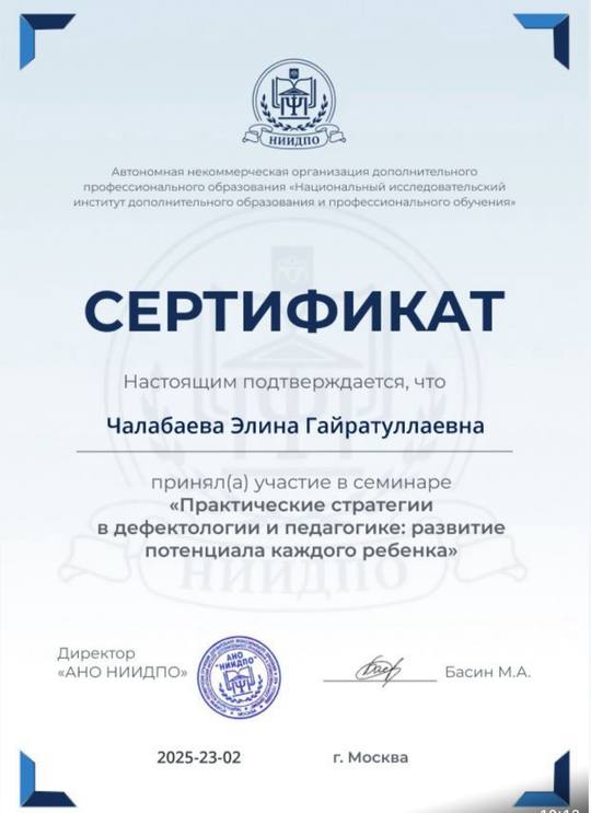 Сертификат НИИДПО: Чалабаева Элина Гайратуллаевна, семинар «Практические стратегии в дефектологии и педагогике»