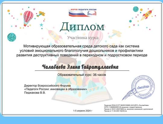 Диплом участника курса: Чалабаева Элина Гайратуллаевна, «Мотивирующая образовательная среда детского сада», 36 часов